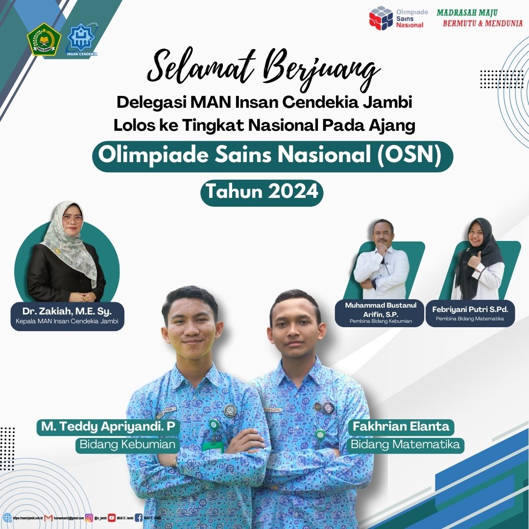Selamat Kepada Peserta didik MAN Insan Cendekia Jambi yang melaju ke tingkat nasional dalam Olimpiade Sains Nasional (OSN) Bidang Kebumian dan Matematika.