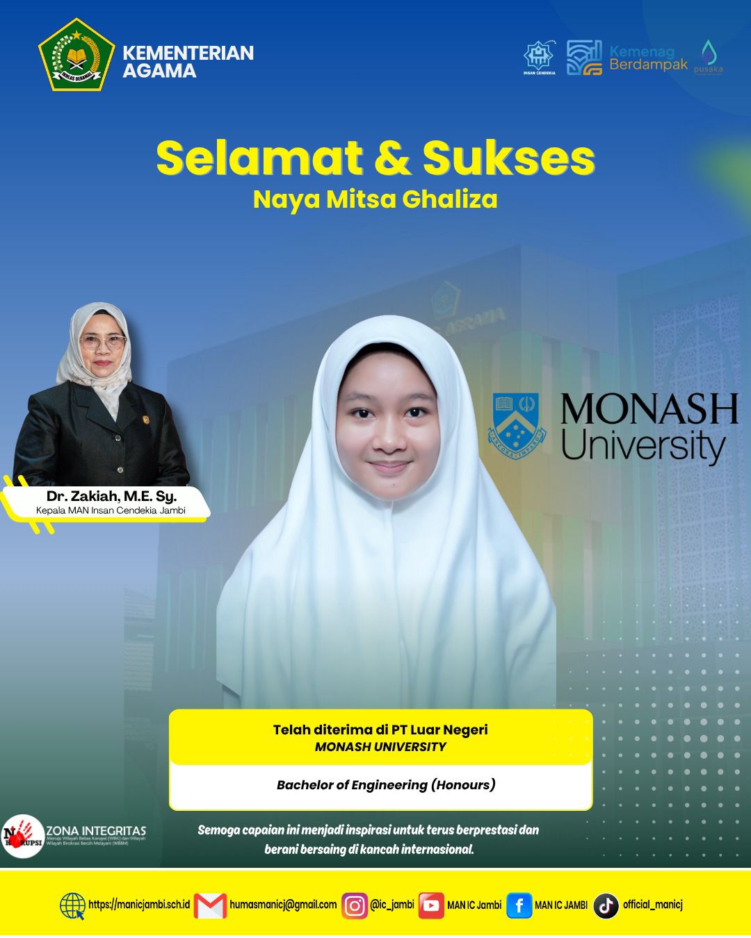 Murid MAN IC Jambi Go International,  Naya Mitsa Ghaliza Tembus Monash University Australia