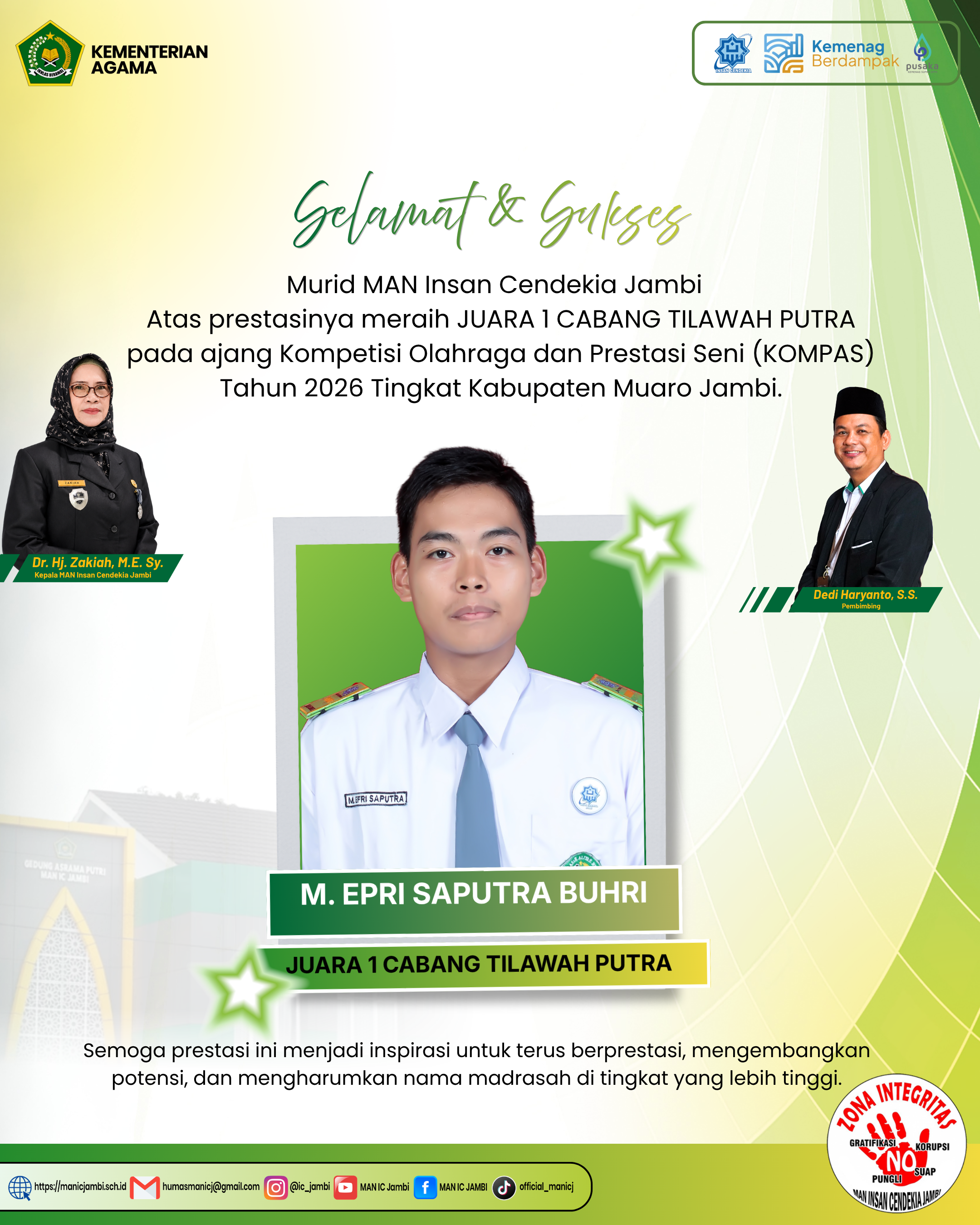 Murid MAN IC Jambi Raih Juara I Tilawah Putra pada KOMPAS Kabupaten Muaro Jambi 2026