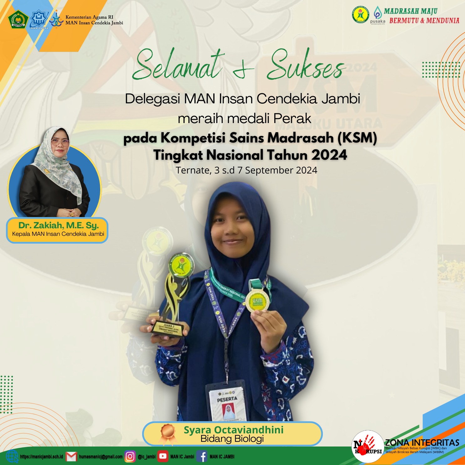 Syara Octaviandhini Siswa MAN IC Jambi Raih Medali Perak di KSM Nasional Ternate