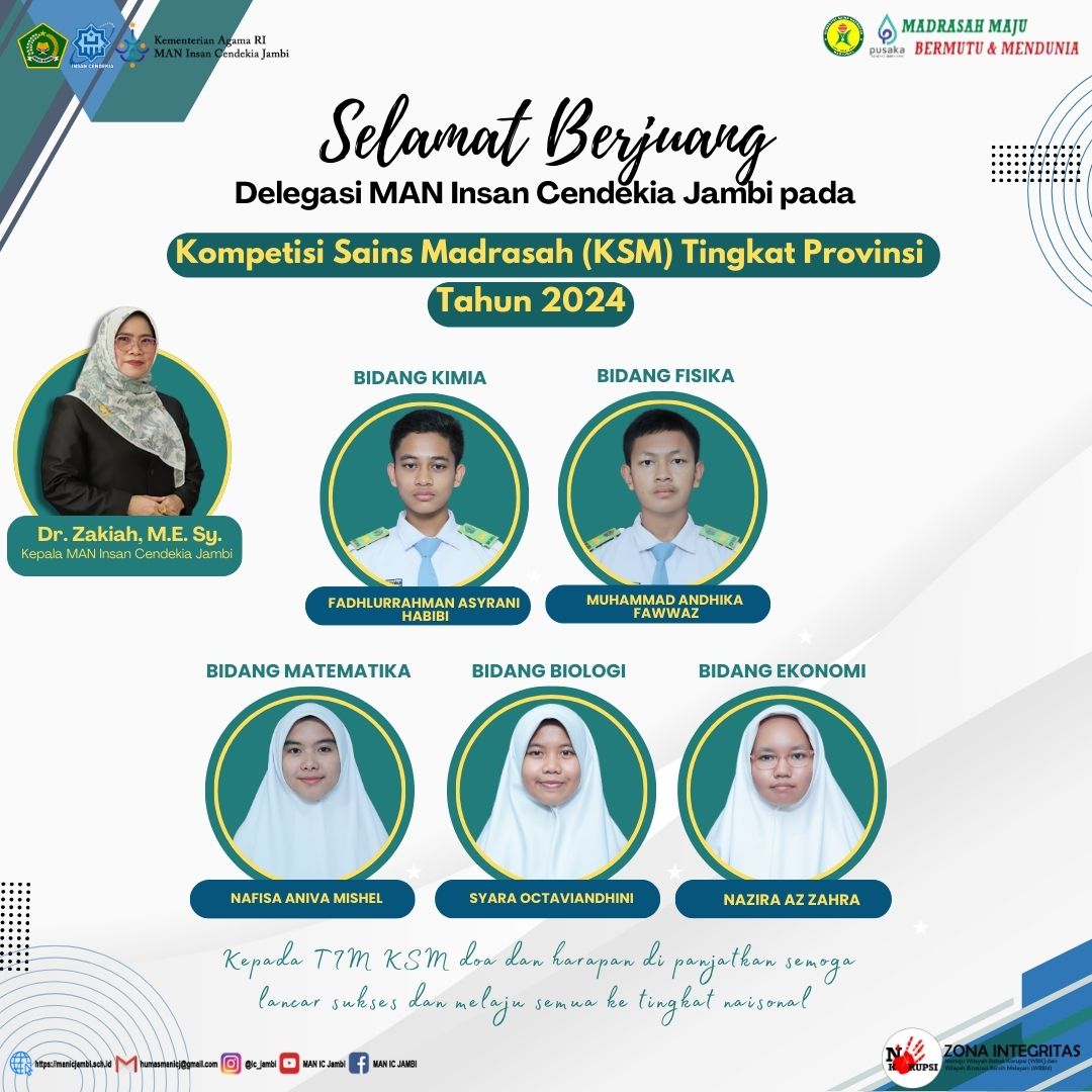 Selamat Berjuang Delegasi MAN Insan Cendekia Jambi yang melaju pada tingkat provinsi pada kompetisi Sains Madrasah (KSM) Tahun 2024