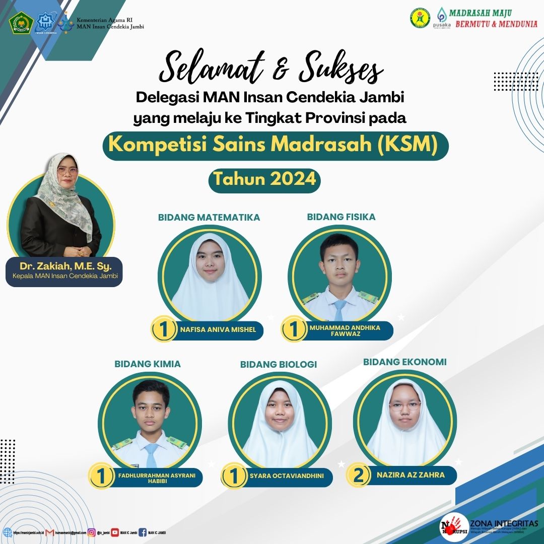 Selamat dan Sukses Delegasi MAN Insan Cendekia Jambi yang melaju pada tingkat provinsi pada kompetisi Sains Madrasah (KSM) Tahun 2024