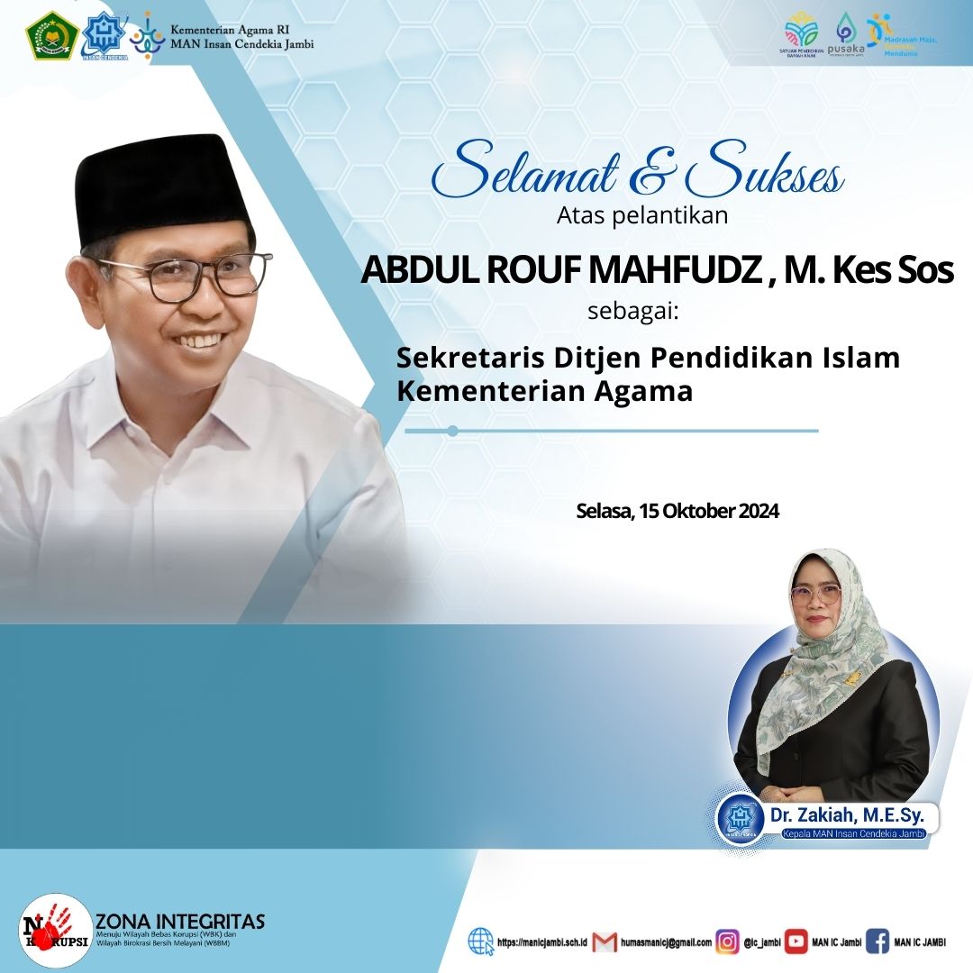 Selamat & Sukses Atas pelantikan ABDUL ROUF MAHFUDZ , M. Kes Sos sebagai Sekretaris Ditjen Pendidikan Islam Kementerian Agama