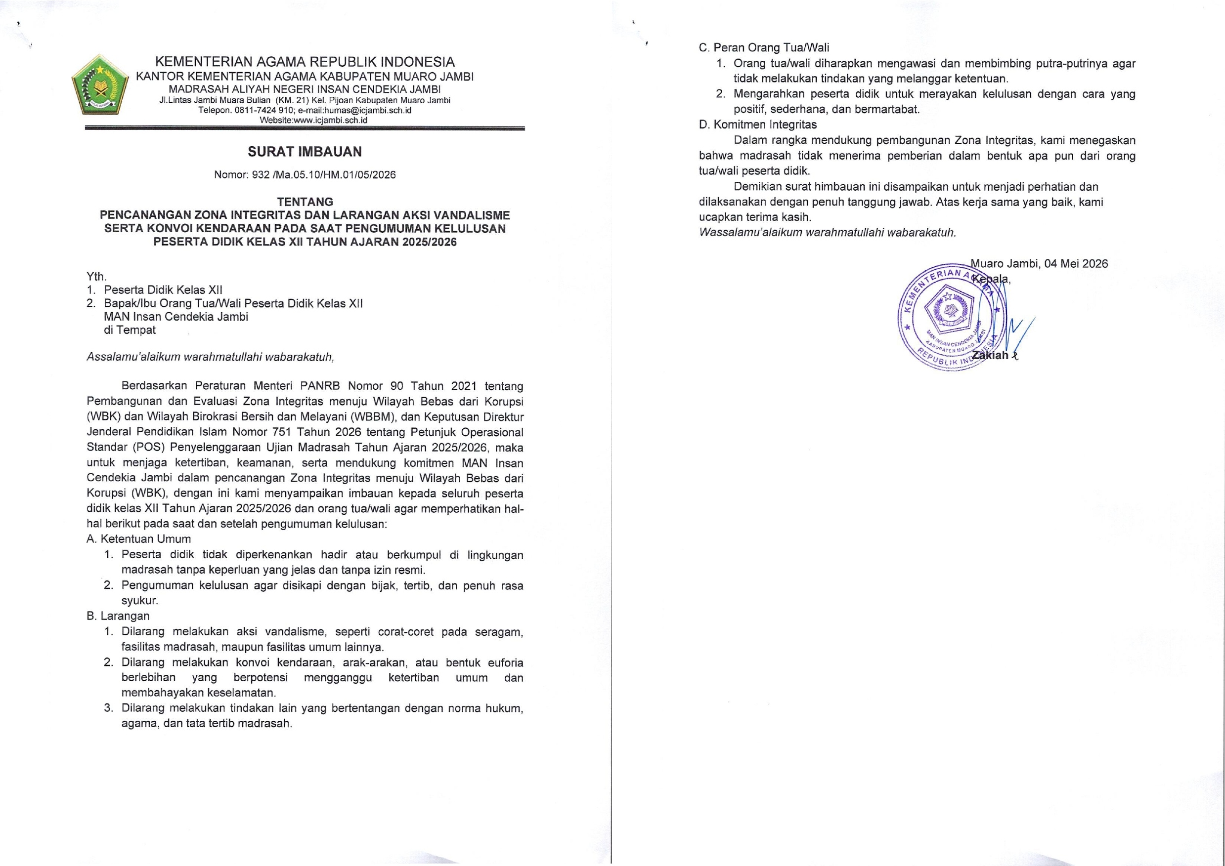 SURAT IMBAUUAN PENCANANGAN ZONA INTEGRITAS DAN LARANGAN AKSI VANDALISME SERTA KONVOI KENDARAAN PADA SAAT PENGUMUMAN KELULUSAN PESERTA DIDIK KELAS XII TAHUN AJARAN 2025/2026