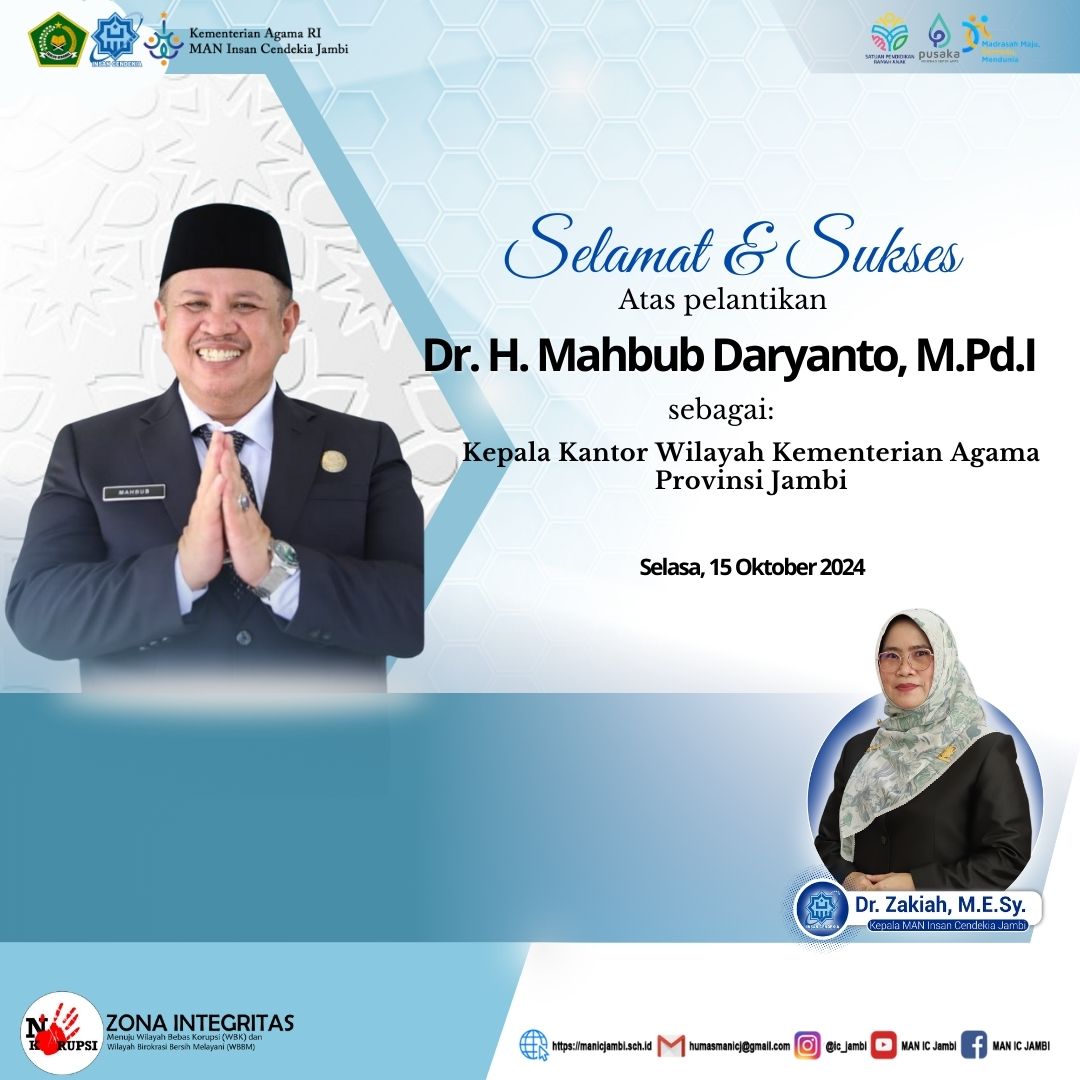 Selamat & Sukses Atas pelantikan Dr. H. Mahbub Daryanto, M.Pd.I sebagai Kepala Kantor Wilayah Kementerian Agama Provinsi Jambi