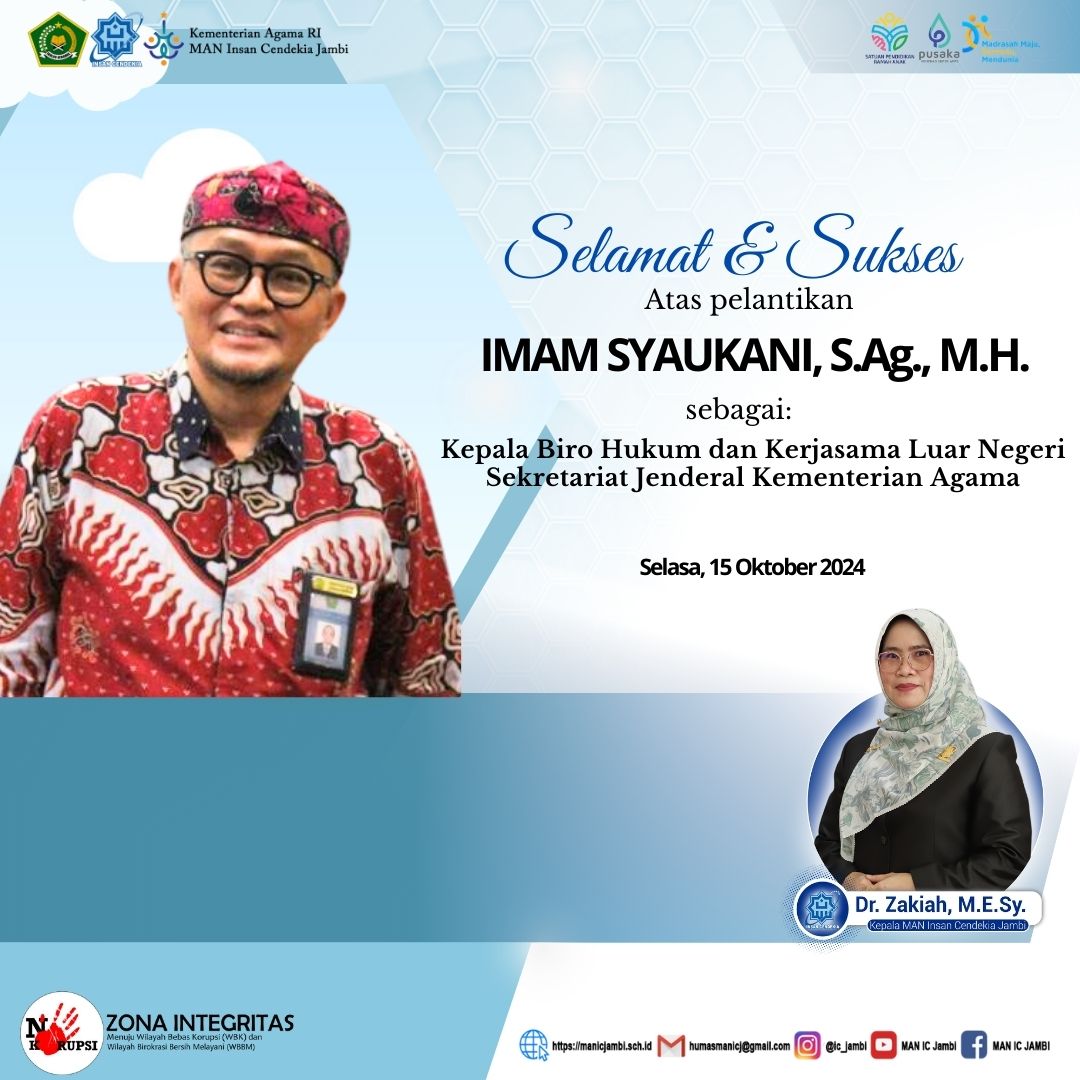 Selamat & Sukses Atas pelantikan IMAM SYAUKANI, S.Ag., M.H. sebagai Kepala Biro Hukum dan Kerjasama Luar Negeri Sekretariat Jenderal Kementerian Agama